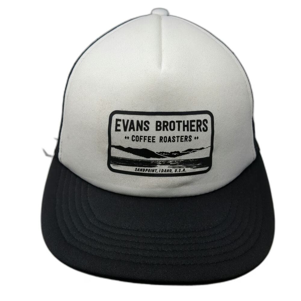District Trucker Hat Black White OSFM Evans Brothers Coffee Roasters Snapback